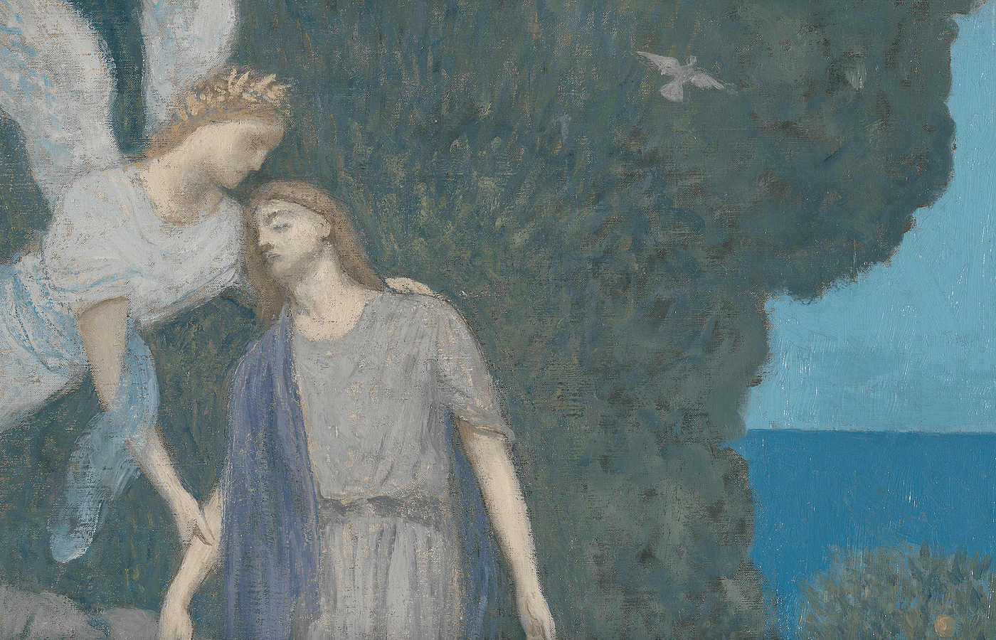  A dreamlike painting by Pierre Puvis de Chavannes depicting a weary poet in flowing robes, gently supported by an angelic figure with golden hair and wings. The background features lush greenery, a distant blue sea, and a white bird soaring in the sky, en 