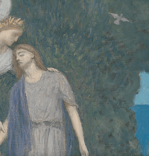  A dreamlike painting by Pierre Puvis de Chavannes depicting a weary poet in flowing robes, gently supported by an angelic figure with golden hair and wings. The background features lush greenery, a distant blue sea, and a white bird soaring in the sky, en 